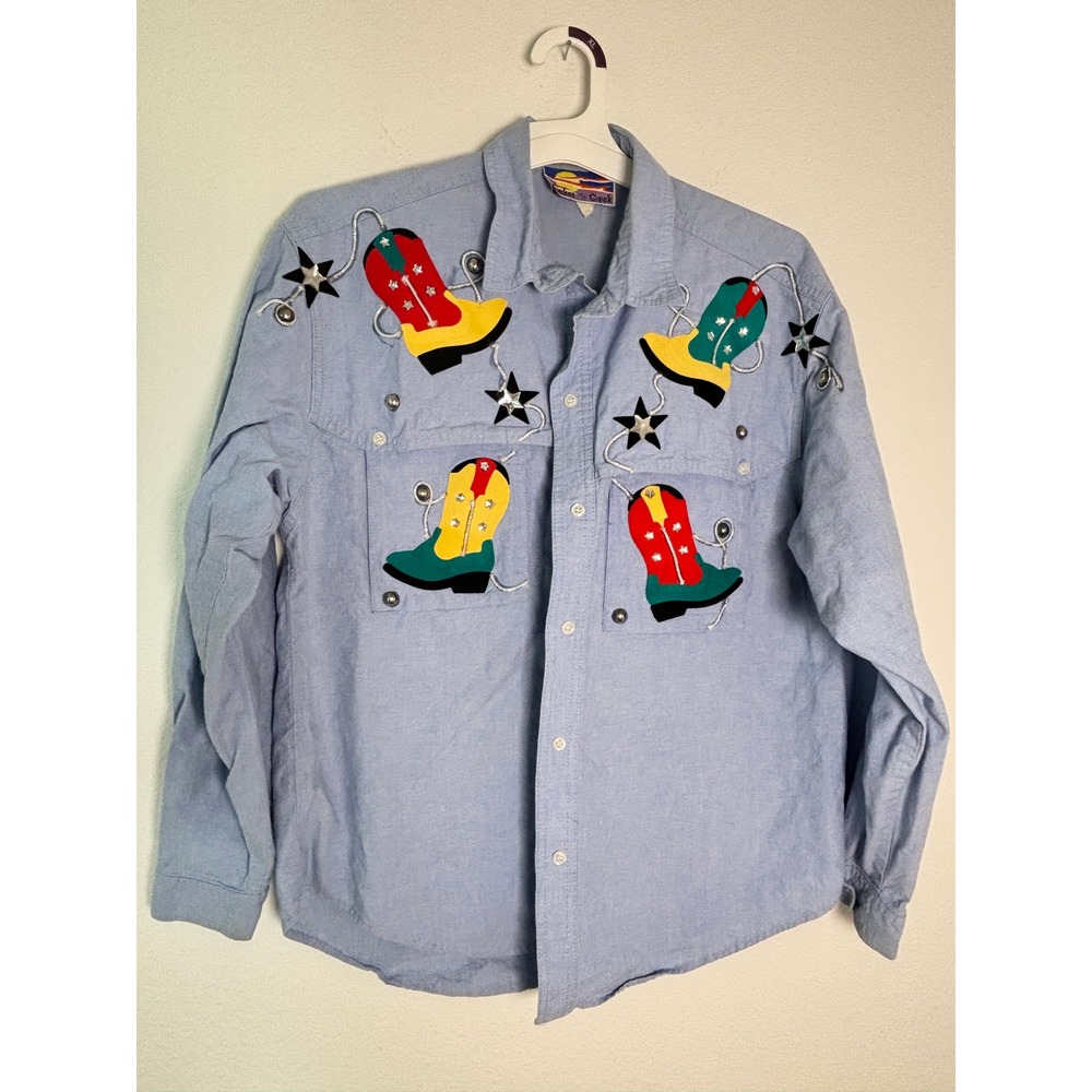 Vintage Cricket by the Creek Western Cowboy Boot Applique Shirt Blue XL Mens